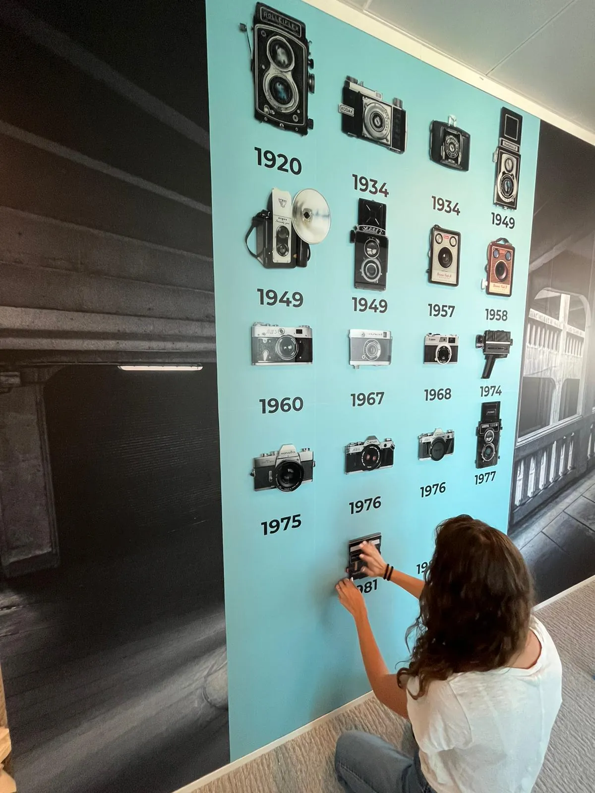 Pose d'une frise d'appareils photo datés de 1920 à 1981 sur un mur turquoise