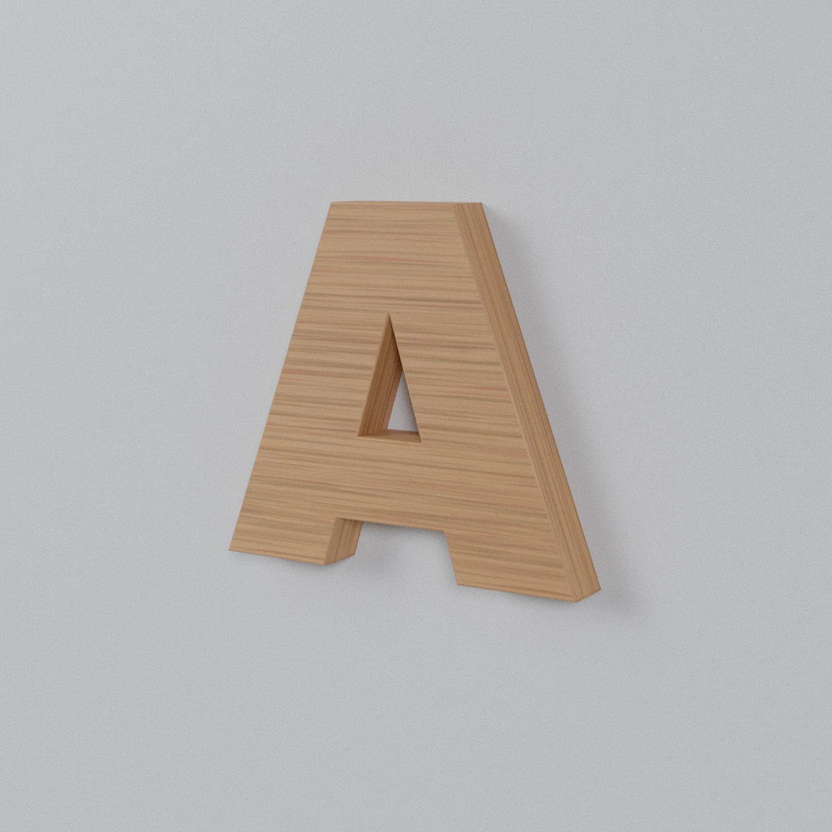 Rendu 3D d'une lettre A en bois massif découpé, posée en relief sur un mur clair