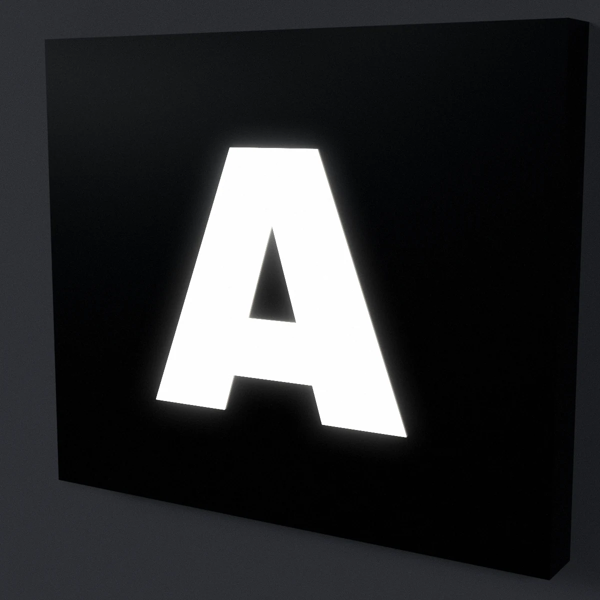 Rendu 3D d'un caisson lumineux noir avec lettre fraisée éclairée