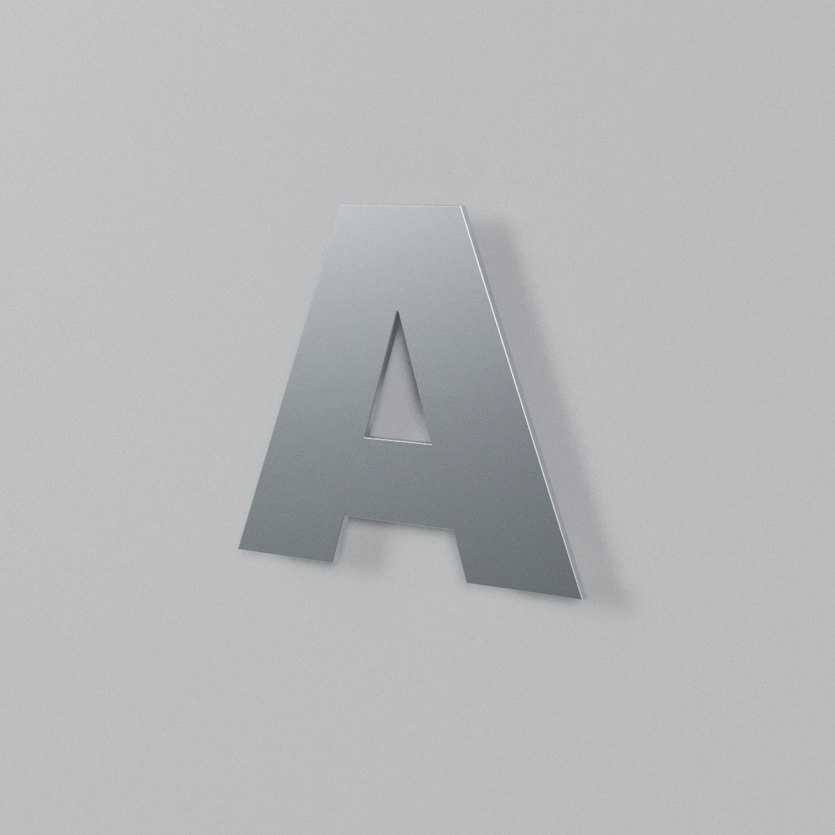 Rendu 3D d'une lettre A en Dibond aluminium brossé posée sur entretoises