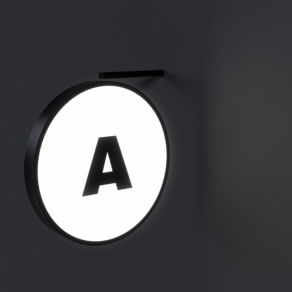 Rendu 3D d'une enseigne drapeau ronde double face éclairée, fixée perpendiculairement au mur