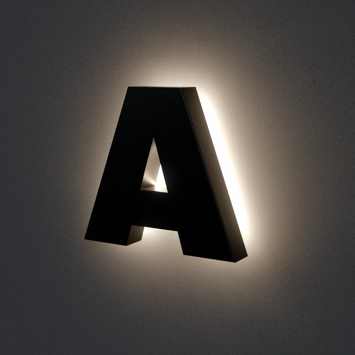 Rendu 3D d'une lettre en aluminium noir rétroéclairée, halo de lumière sur le mur