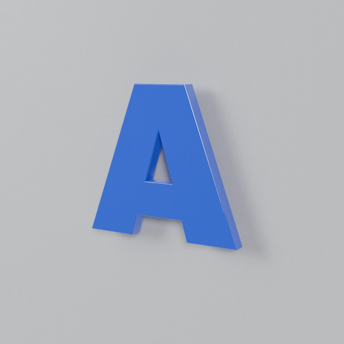 Rendu 3D d'une lettre A en plexiglass bleu brillant, posée à distance du mur