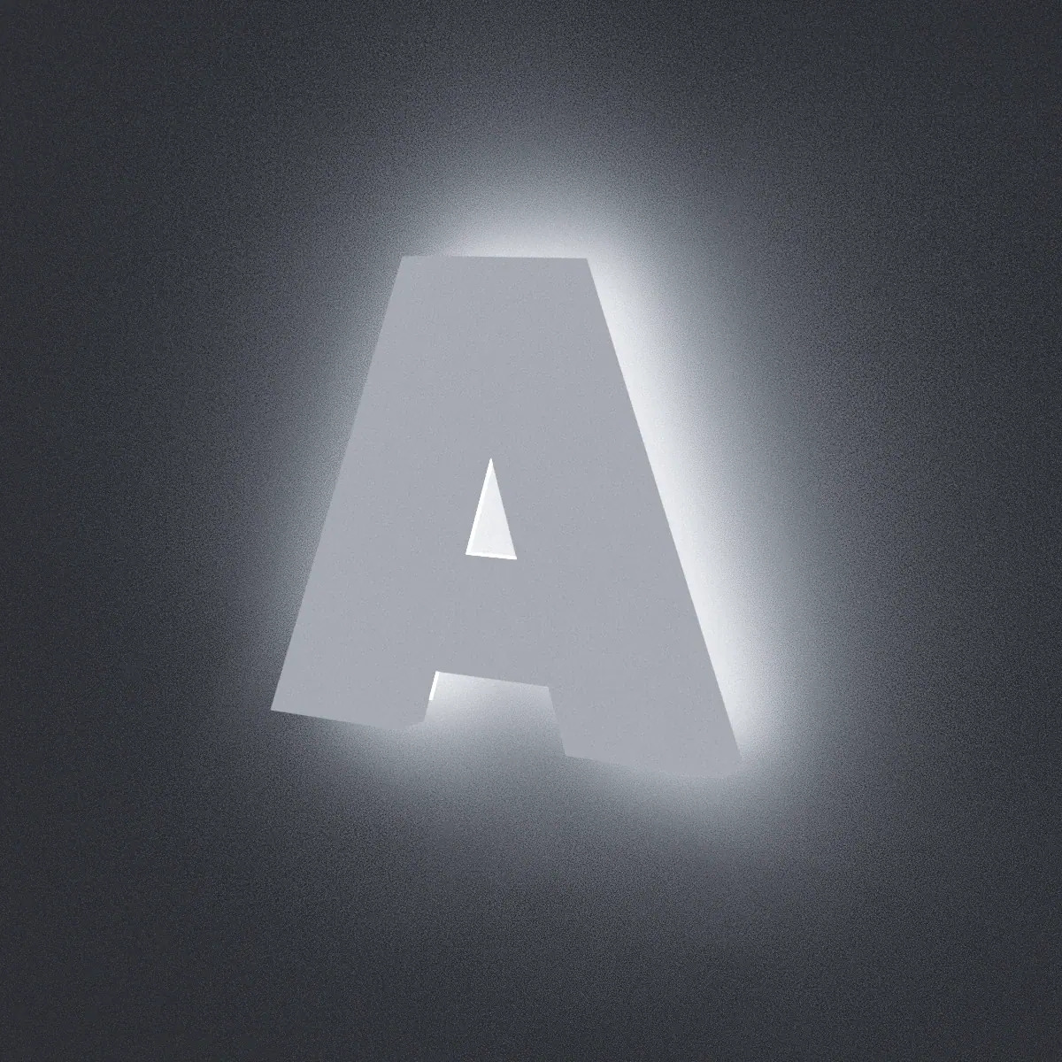 Rendu 3D d'une lettre A en plexiglass opalin épais posée à distance du mur, halo lumineux
