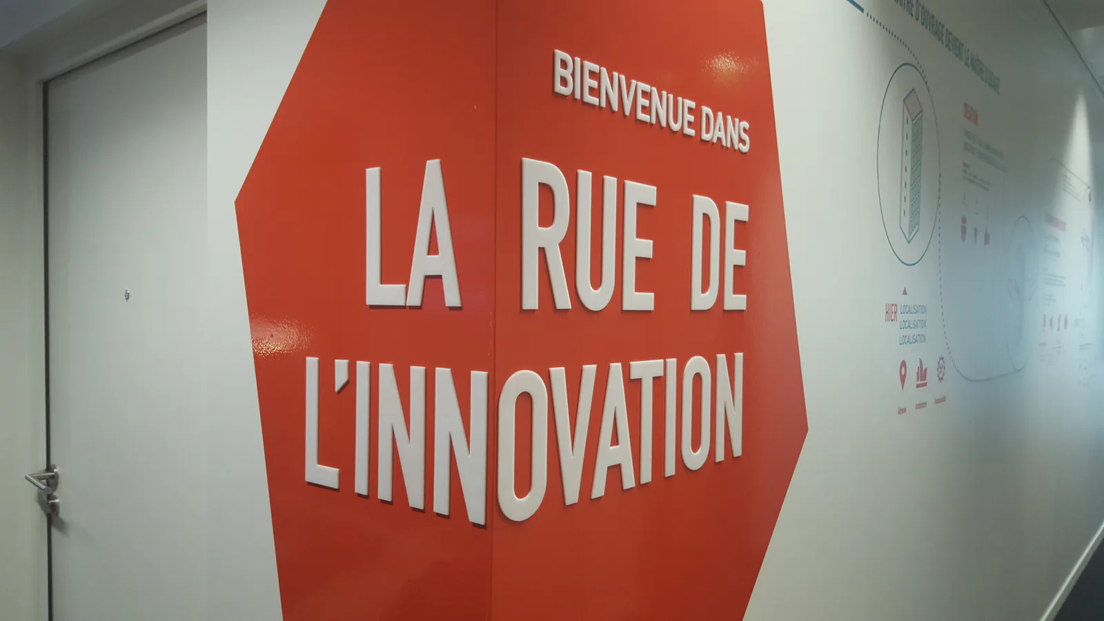 Lettres blanches en relief « Bienvenue dans la rue de l'innovation » sur fond orange