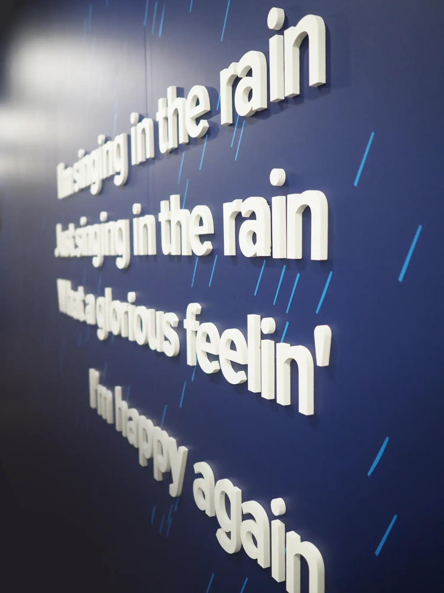Paroles « Singin' in the rain » en lettres blanches en relief sur un mur bleu