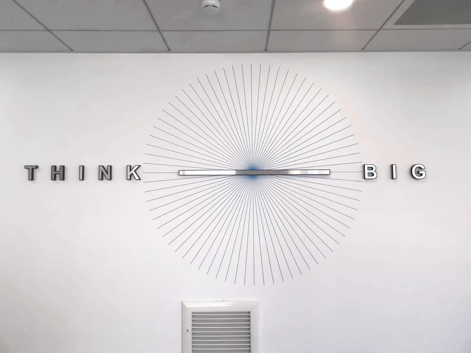Vue d'ensemble du mur THINK BIG avec horloge et rayons graphiques